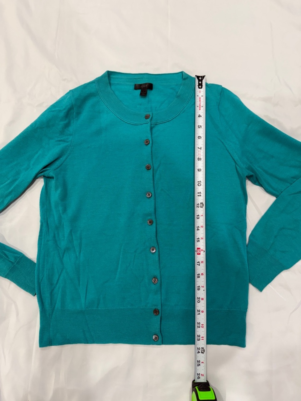 J Crew Women's Teal Button-Front Crewneck Cardigan Merino Sweater—Large - Picture 7 of 8